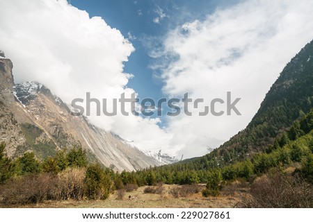 View of Pisang Valley, Nepal, Himalayas. Pisang is a part of Annapurna Circuit Trek, one of the most popular adventure circuit trek in the world.