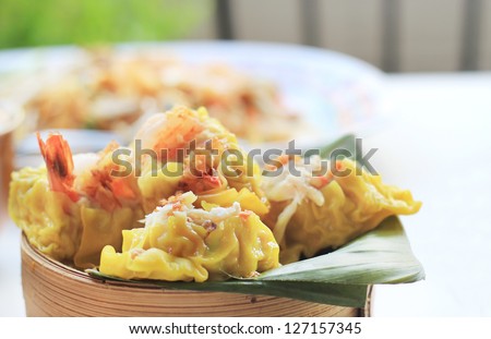 Chinese shrimp, crab dumplings  dumplings dimsum in bamboo contain