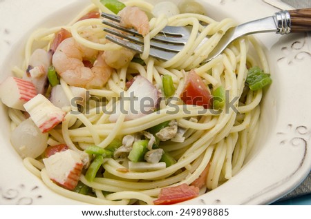 Spaghetti with seafood salad served on a plate