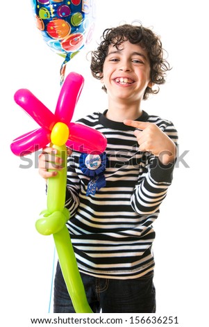 Hispanic child over a white background. Happy birthday theme. Boy showing different facial expressions related to a birthday party
