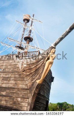 Old pirate ship in the Caribbean. Vintage ship in exhibition for