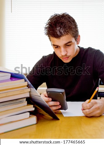 A teenager boys applies himself to study