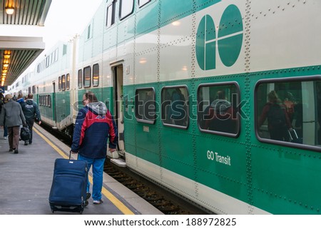 TORONTO,CANADA-APRIL,18,2014: GO Transit belongs to Metrolinx and it is an inter-regional public transit system. GO carried 65.5 million passengers in 2012, and its ridership continues to grow.