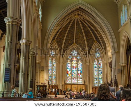 TORONTO,CANADA-MAY 18,2014:Inside St. James Cathedral.It is the home of the oldest congregation in the city. The parish was established in 1797. It  is a prime example of Gothic Revival architecture.