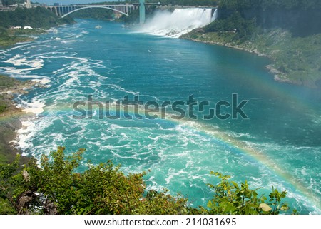 Beautiful Niagara Falls with rainbow. Niagara Falls is the collective name for three waterfalls that straddle the international border between Canada and the United States.