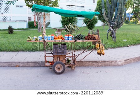 SANTA CLARA,CUBA-AUGUST 10, 2014: Private neighborhood food stand. After the Raul Castro government economic reforms many are resorting to self employment by reselling products.