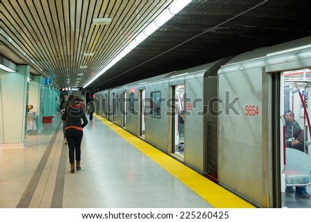 TORONTO,CANADA-OCTOBER 2,2014: York Mills Station and the new TTC subway train.The Toronto Transit Commission  is a public agency that operates bus, streetcar, and rapid transit services in Toronto