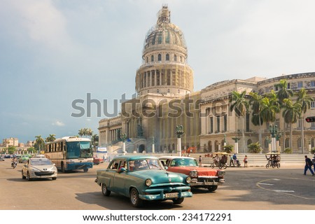 HAVANA,CUBA-JULY 3,2014: The Havana Capitol is being remodelled. This building was the seat of government in Cuba until after the Cuban Revolution in 1959, now home to the Cuban Academy of Sciences.