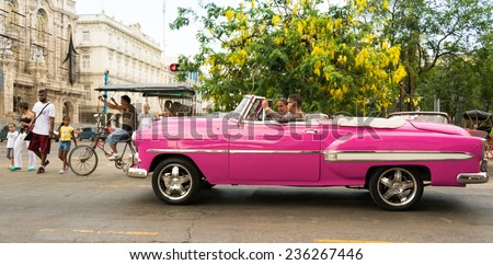 HAVANA,CUBA-JULY 17,2014: Old American Cars in Cuba. Scarcity in cars supply has made Cubans keep 1950's cars and older running through invention and innovation. Nowadays, they make income with them.