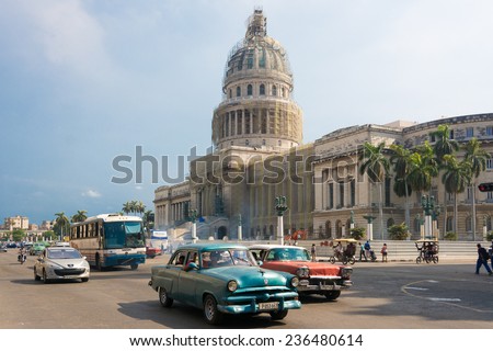 HAVANA,CUBA-JULY 3,2014:The Havana Capitol and different means of transport in the touristic area close to Old Havana. El Capitolio was the palace of government before 1959 and now the Science Academy