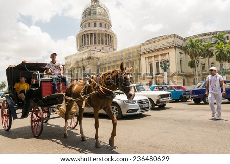 HAVANA,CUBA-JULY 3,2014:The Havana Capitol and different means of transport in the touristic area close to Old Havana. El Capitolio was the palace of government before 1959 and now the Science Academy