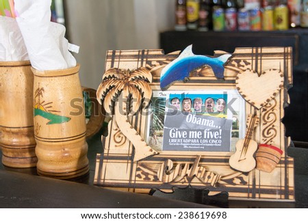 MANACA IZNAGA,CUBA-JULY 23,2014: Handcraft articles with the image of the Cuban Five in a tourist bar. Recently, the last three in US prisons were release as part negotiations between Cuba and the US.