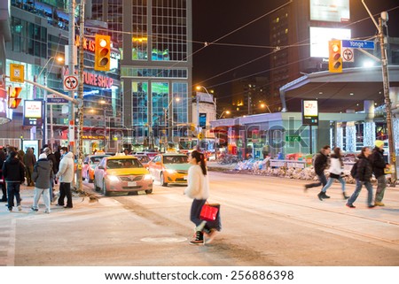 TORONTO,CANADA-FEBRUARY 28,2015: Dundas Square is the busiest intersection  and  a focal point of the downtown Toronto community. It is designated for use as a public open space and as an event venue