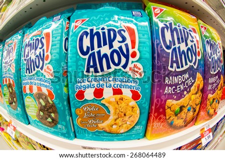 TORONTO,CANADA-APRIL 4,2015: Christie Chips Ahoy cookies in a store shelf. Christie brand belongs to Nabisco which is an American manufacturer of cookies and snacks.