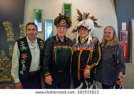 TORONTO,CANADA-MAY 30,2015: Toronto PanAm Games 2015 Fire Welcome Ceremony: Bryan LaForme(second R to L) and Gary Lipinski (fourth R to L) posing for the press along other First Nation leaders