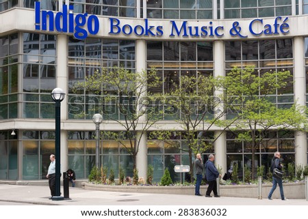 TORONTO,CANADA-MAY 25,2015: Indigo Books and Music cafe sign on the facade of the building. Indigo Books & Music Inc.is a Canadian retail bookstore chain founded in 1996