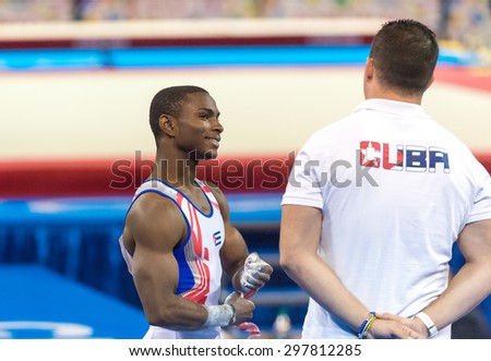 TORONTO,CANADA-JULY 11,2015: Manrique Larduet Cuban gymnast receives his Silver Medal for the All Around competition during the Toronto Pan American Games 2015 CN 01953074