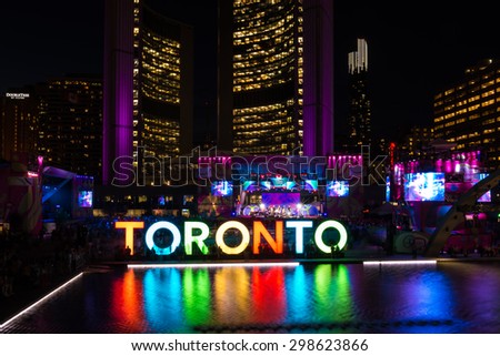 TORONTO,CANADA-JULY 20,2015: Toronto Pan American Games 2015 ambience: Nathan Phillips Square during Panamania, the cultural festival that goes along the games.