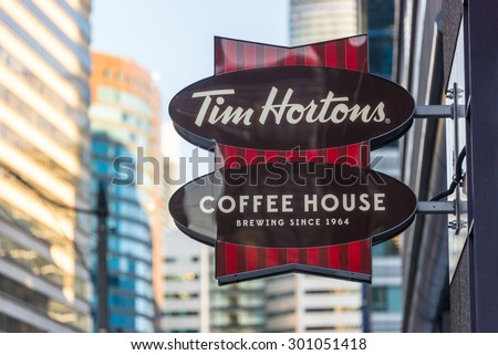 TORONTO,CANADA-JUNE 20,2015: Tim Hortons sign which is a famous restaurant in Canada known for its coffee and doughnuts. It has expand  its operation in other countries