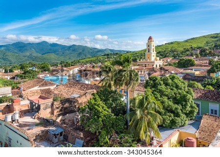 Trinidad de Cuba a travelling landmark in the Caribbean: Aerial view of Trinidad skyline including the Convent of Saint Assisi which is currently used as the Museum of the Fight Against Bandits