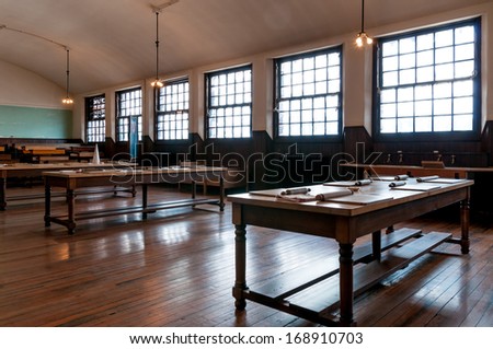 SCOTLAND-GLASGOW, JUNE 08, 2011: A Victorian age classroom in Scotland Street School, Glasgow, Scotland. Designed and built by architect Charles Rennie Mackintosh between 1903 and 1906.