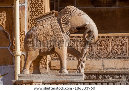 Beautiful sandstone carved elephant in Jaisalmer.