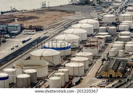 BARCELONA, SPAIN - MARCH 04, 2012: Liquid natural gas storage tanks located at the commercial docks on March 04, 2012 in Barcelona.