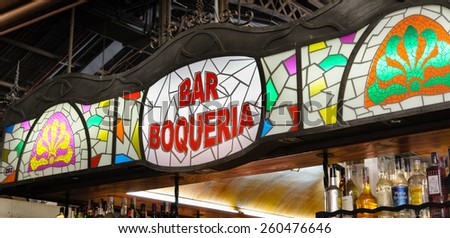BARCELONA, SPAIN - March 7, 2012: Illuminated sign at Bar Boqueira tapas bar in the La Boqueria market on March 07, 2012 in Barcelona, Spain.