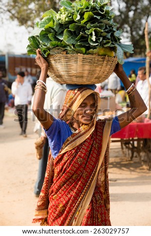 KANHA, INDIA - FEBRUARY 04: A woman carrying produce at local food market on February, 04 in village of Kanha.