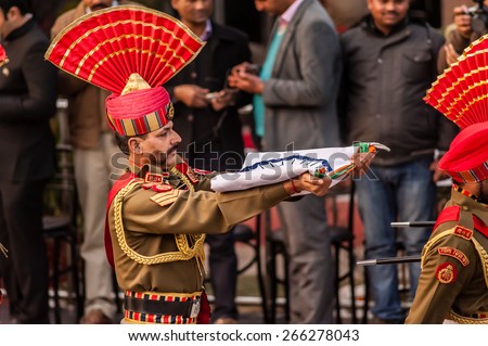 WAGAH, INDIA, JANUARY - 26, 2015: Sergeant of India Border Security Force  at India-Pakistan Wagah border flag ceremony during the India Republic Day on January, 26 2015 in Wagah, India.