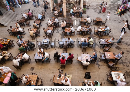 DIYARBAKIR, TURKEY - OCTOBER 01: Overhead view of a restaurant and coffee shop in Diyarbakir on October 01, 2012 in Diyarbakir, Turkey.  Diyarbakir is one of the largest cities in southeastern Turkey.