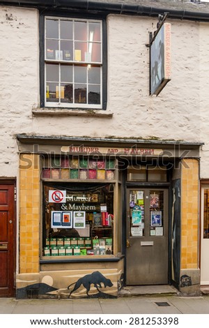 HAY ON WYE, WALES - FEBRUARY 25, 2013: Murder and Mayhen specialist bookshop in Hay on Wye.  Hay on Wye is a town in Wales on the border with England famous for the annual book fair in May.