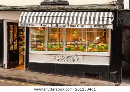 ROSS ON WYE, WALES - FEBRUARY 25, 2013: A traditional British butcher shop located in the town of Ross on Wye, Herefordshire, Great Britain.