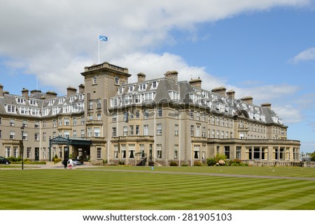 GLENEAGLES, SCOTLAND - MAY 26, 2015:  Main entrance to Gleneagles Hotel in Scotland, venue for the 2014 Ryder Cup golf championship won by the European team.