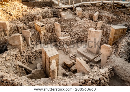 Gobekli Tepe is an archaeological site at the top of a mountain ridge in the Southeastern Anatolia Region of Turkey.