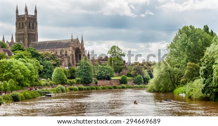 WORCESTER, ENGLAND - MAY 25, 2014: Worcester cathedral and the river Severn in England.