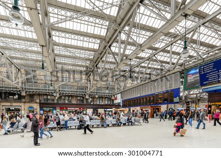 GLASGOW, SCOTLAND, UK - JUNE 03, 2015: The passenger concourse of the main rail terminus in Scotland at Glasgow Central Station.