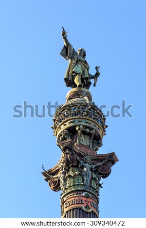 Statue on top of column for Christopher Columbus near the harbour of Barcelona, Catalonia, Spain.