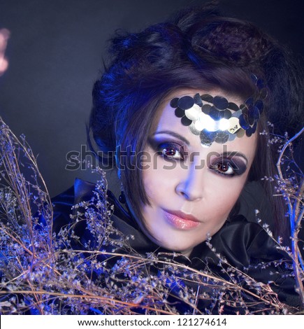 Creative lady. Portrait of stylish woman  with smokey eyes and spangles and with dry twigs