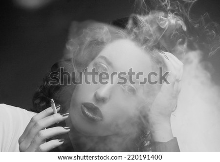 Romantic portrait in retro style. Of young smoking woman in classical style.