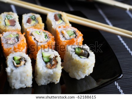 Seafood. Traditional sushi and rolls on the  dish.
