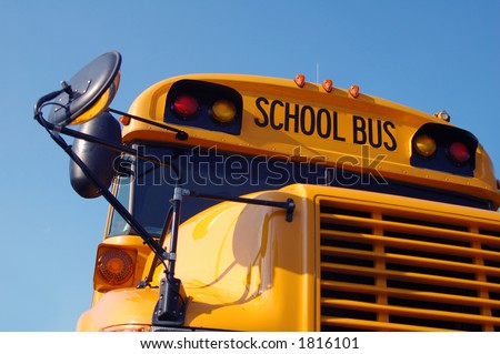 Close-up of the front of a school bus.