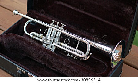 Silver trumpet in case.