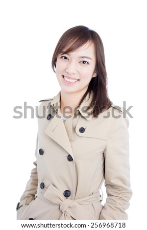 young woman in trench coat, isolated on white background
