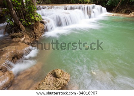 The second level of the Huai Mae Kamin Waterfall, Kanchanaburi, Thailand.