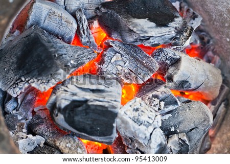 coal and wood ash burning in an oven