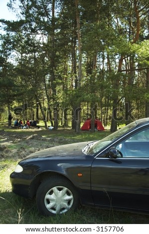 Car and tent on forests picnic