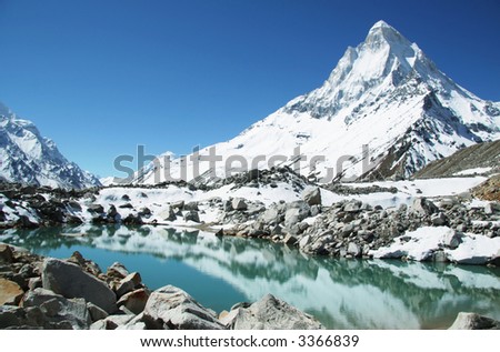 Shivling peak and beautiful lake in Himalayan