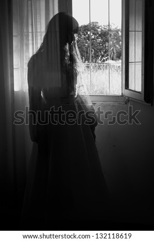 Horror Scene of a Creepy Woman in the Wedding Dress