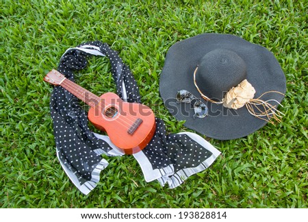ukulele&black hat on backyard,music,summer